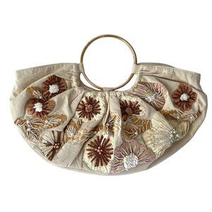 Anthropologie Glass Beaded Raffia Satchel Round Metal‎ Handles Halfmoon Handbag